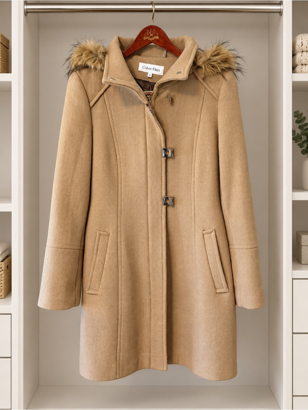 Calvin Klein Camel Hooded Wool-Blend Trench Coat with Faux-Fur Hood Trim